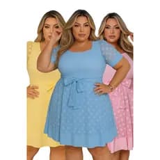 Vestido Plus Size Midi Gode Canelado Com Tule Acompanha Laço Para Amarrar Manga Bufante Evangelica