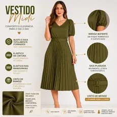 Vestido Plissado Midi Feminino Manga Bufante Com Cinto de Brinde