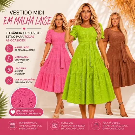 Vestido Midi Feminino Evangélico Três Marias Laise de Malha Forrado Com Laço