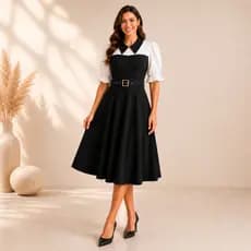 Vestido Feminino Com Gola Flat Manga 3/4 Com Lindo Cintinho Atemporal