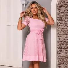 Vestido Feminino Tule Gode Manga Bufante Com Laço Para Amarrar