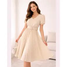 Vestido Plissado Lisa Midi Rodado Moda Evangelica Manga Bufante e Cinto
