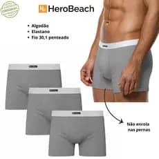 Kit 3 Cueca Box Boxer Masculino Adulto Algodão com Elastano HeroBeach Elástico Branco Tecido Cinza