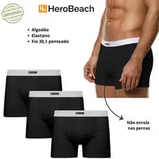 Kit 3 Cueca Boxer Masculina Algodão Conforto Premium HeroBeach Elástico Branco Tecido Preto