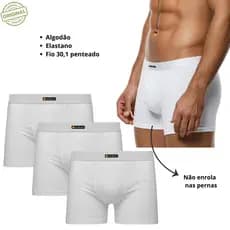 Kit 3 Cueca Box Boxer Masculino Adulto Algodão com Elastano HeroBeach Elástico Branco Tecido Branco
