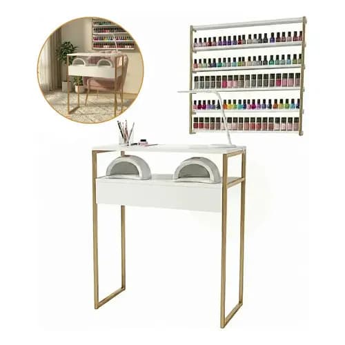 Kit Industrial Completo Mesa Para Manicure Nail Designer + Expositor Suporte Nicho De Esmaltes