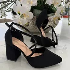 Sapato Feminino Scarpin Tiras Cruzadas Salto Alto 8 cm Grosso brilho elegante Original Show Show