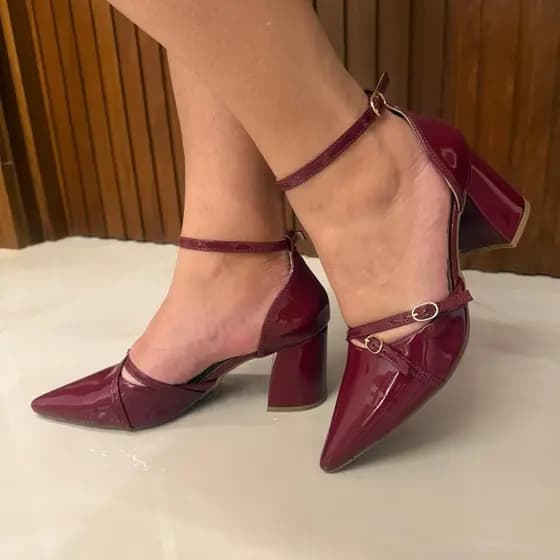 Slingback Scarpin de fivelinha Sapato Feminino De Bico Fino, Salto Grosso