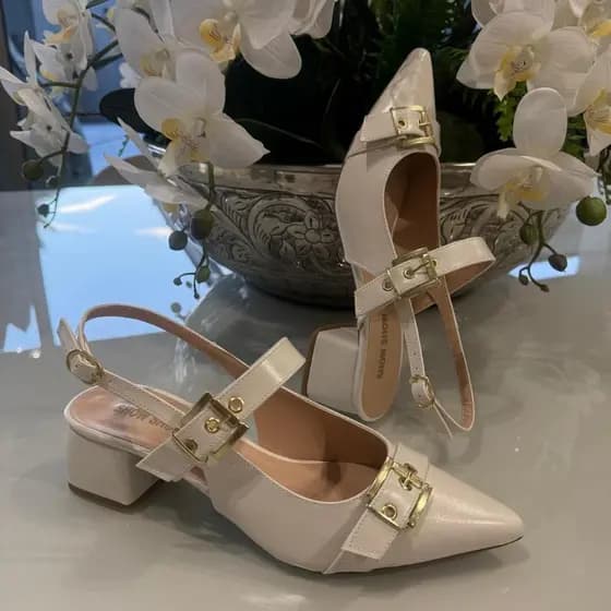 Scarpin Slingback Salto Bloco 5 CM Bico Fino Duas Tiras Grossas Fechamento Fivela SHOW SHOW