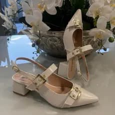 Scarpin Slingback Salto Bloco 5 CM Bico Fino Duas Tiras Grossas Fechamento Fivela SHOW SHOW