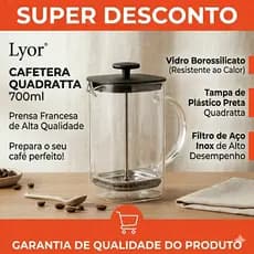 Cafeteira Francesa Prensa de Vidro Borossilicato 700ml Quadratta Tampa Preta - Lyor