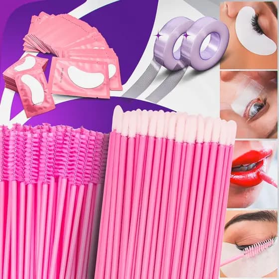 Kit Alongamento De Cílios - 50 Pads + 50 Escovinhas + 50 Aplicadores De Batom + 2 Transpores