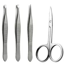 Kit 3 Pinças Profissional (Reta + Chanfrada + Ponta Agulha) + Tesoura Tesourinha Sobrancelhas