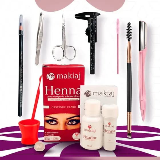 KIT DESIGNER SOBRANCELHAS HENNA MAKIAJ+NAVALHA+ESCOVINHA+PINÇA+TESOURA+PAQUÍMETRO+LÁPIS+PINCEL
