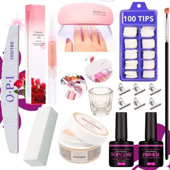 Kit Alongamento De Unha Gel Cabine Estufa Sun Mini 6w Top Coat Primer 100Tips/Acrigel/Porcelana