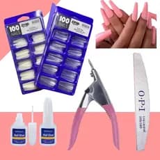 Kit Unha Postiça Bailarina Realista Leitosa ou Transparente + Cola com Pincel + Cortador de Tips