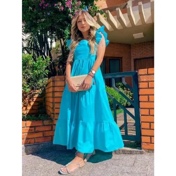 Vestido Longo Manga Princesa com Babados e Decote Quadrado Vestido Longo Igreja