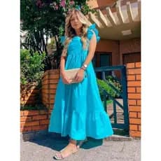 Vestido Longo Manga Princesa com Babados e Decote Quadrado Vestido Longo Igreja