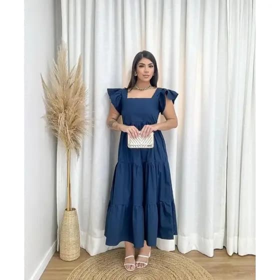 Vestido Feminino Plissado Longo Algodão Manga Princesa Rodado Igreja Festa Elegante