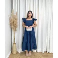 Vestido Feminino Plissado Longo Algodão Manga Princesa Rodado Igreja Festa Elegante