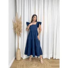 Vestido Longo Manga Princesa com Babados e Decote Quadrado Migue Modas