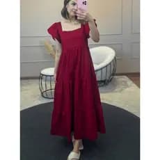 Vestido Longo Manga Princesa com Babados e Decote Quadrado Migue Modas