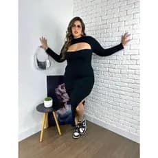 Vestido Feminino Canelado Plus Size Frio Mnaga Longa Vestido Festa Decote Gola Fenda