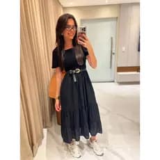 Vestido Midi Elegante Manga Princesa Vestido Evangelico Festa Igreja Moderno Casual Estilo Ciganinha