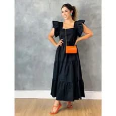 Vestido Longo Manga Princesa com Babados e Decote Quadrado Migue Modas