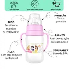 Copo de Treinamento Infantil Princesas Disney 300ml com Alça para leite, água, suco e chá