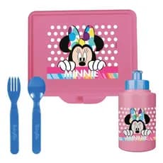 Kit Lanche Infantil Rosa 3 Peças Lancheira, Garrafinha Squeeze 340ml e Talheres para Meninas Minnie