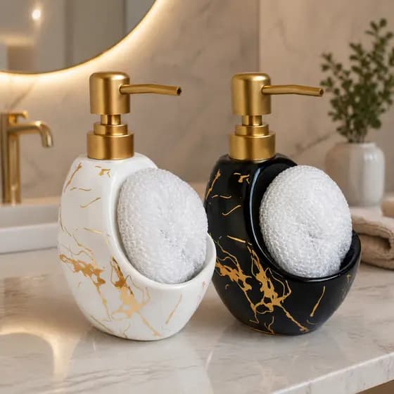 Dispenser de Sabonete Cerâmica 450ml Branco ou Preto Marmorizado Porta Sabonete Dourado