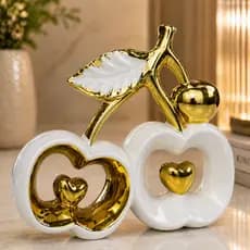 Escultura Decorativa Cerejas em Cerâmica Branca com Dourado