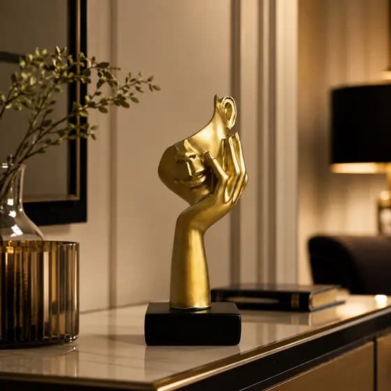 Escultura Decorativa Rosto Pensante Dourado com Base Preta