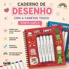 Caderno de Pintura com 6 Canetas Touch Ponta Dupla, Papelaria Fofa, Criativa