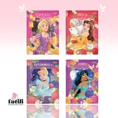 Caderno Colegial Brochura Princesas | Capa Dura Metalizada • 160 Folhas Decoradas • Disney