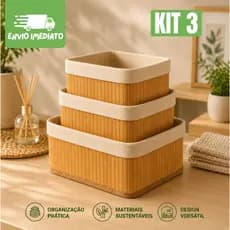 Kit 3 Cestos Multiuso Organizador De Bambu Com Revestimento Interno