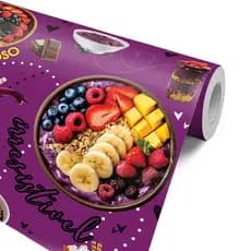 Papel de Parede Adesivo Açaí Açaiteria Sorveteria Decoração Fundo Roxo Frutas Chocolate Copo Tigela