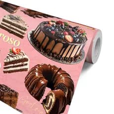 Papel de Parede Adesivo Padaria Confeitaria Doceria Doces Bolos e Café Fundo Rosa Cafe Tortas
