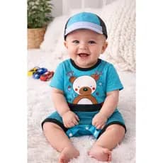 Macacão Curto Urso com Boné Bebê recém nascido Menino Look Fresquinho em Algodão Fofo e Confortável