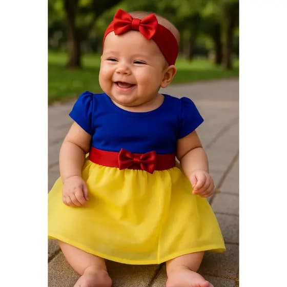 Vestido temático branca de neve princesa para bebê recém nascida 0 a 3 meses