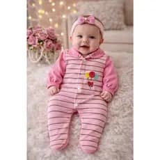 Macacão Longo com pé ou Macacão Curto Bebê Menina RN Bordado Delicado + Tiara Combinando | Look Fofo