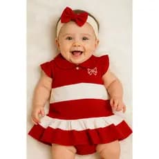 Vestido Listrado com Bordado Delicado + Tiara Combinando para Bebê RN a 6 meses Look Fofo