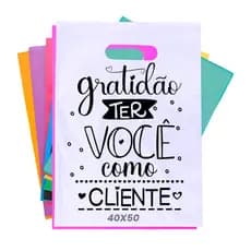 Kit 100 Sacola Plástica Estampada Gratidão Ter Voce 40x50 Boca de Palhaço