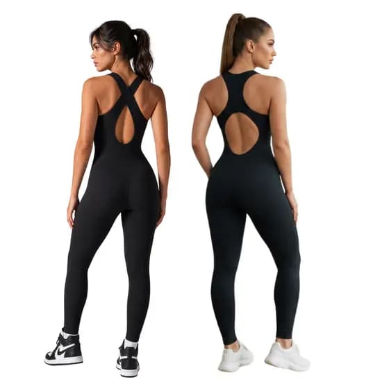 Macacão Longo Feminino Fitness Academia Confortavel Treino Costa Cruzada ou Recorte nas costas Tecido Canelado