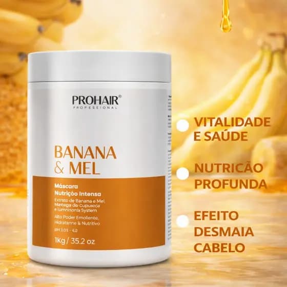 Máscara Capilar ProHair Nutrição Intensa Banana e Mel 1KG Profissional Cabelos Macios Sedosos Efeito Teia
