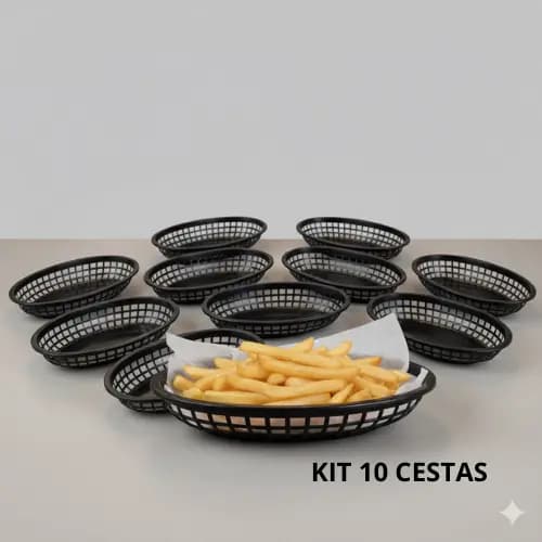 Kit 10 Cestas Oval Plástico Resistente Lanche Fritas Porções Lanchonete Restaurante Festa 2309