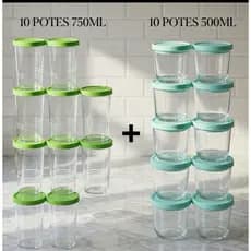 Kit 10 Potes 750ml E 10 Potes 500ml Tampa Com Rosca Ótima Vedação Cores Sortidas 2193 E 2063