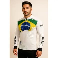 Camisa Camiseta Blusa de Pesca Camping Agro proteção UV BRASIL BRANCA C/ Bolsa Personalizada
