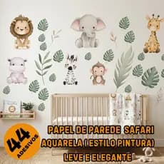 Papel de Parede Safari Aquarela Infantil – Leão Girafa Elefante Zebra Decorativo Quarto de Bebê Autocolante